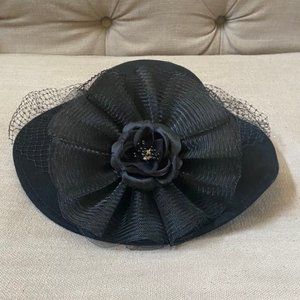Geo W Bollman CO Black Wool Hat Flower Netting Ribbon USA Vintage